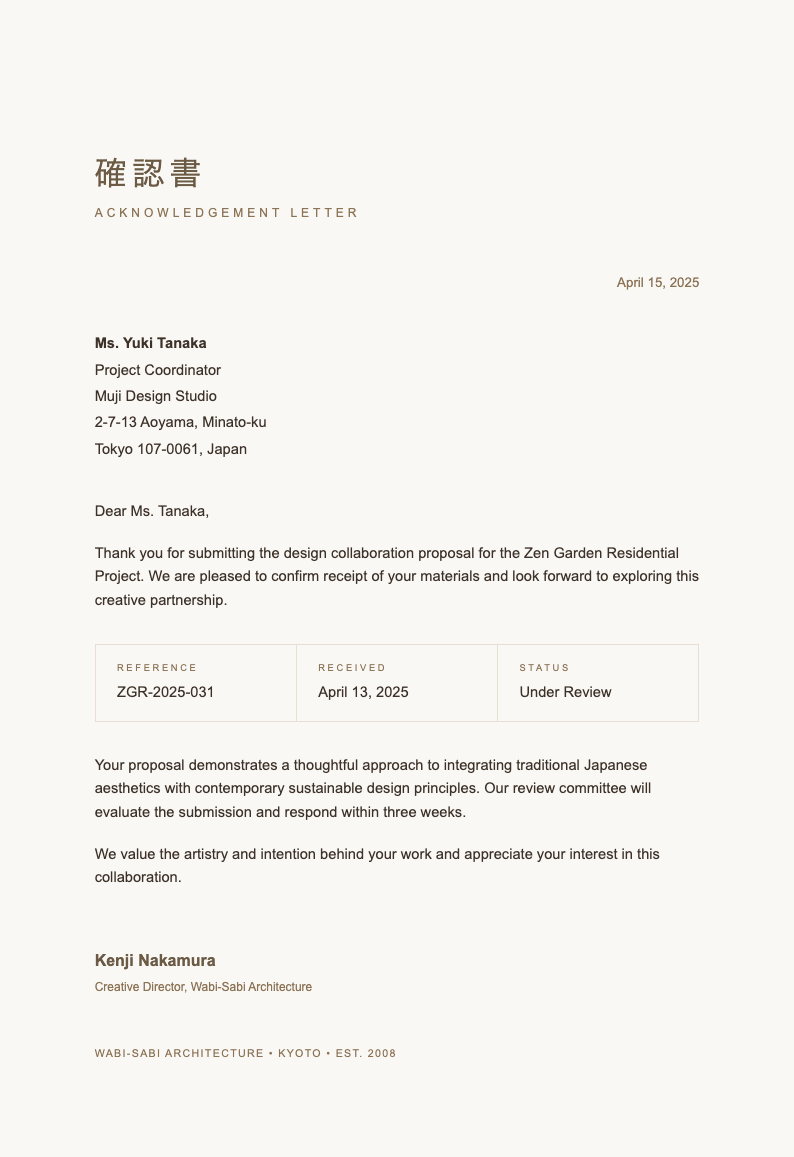 Japandi minimal acknowledgement letter